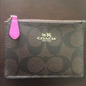 Coach Brown Signature Canvas Card Case with Pink Zip Tab